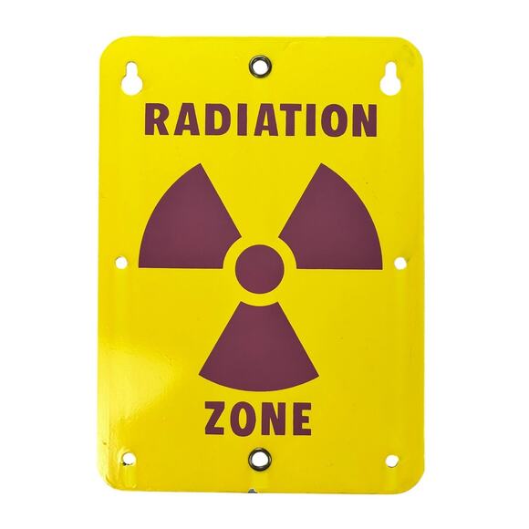 Vtg Radioactive Zone Porcelain Sign 14"x10" Iconic Yellow Back with Red Trefoil - Picture 1 of 2